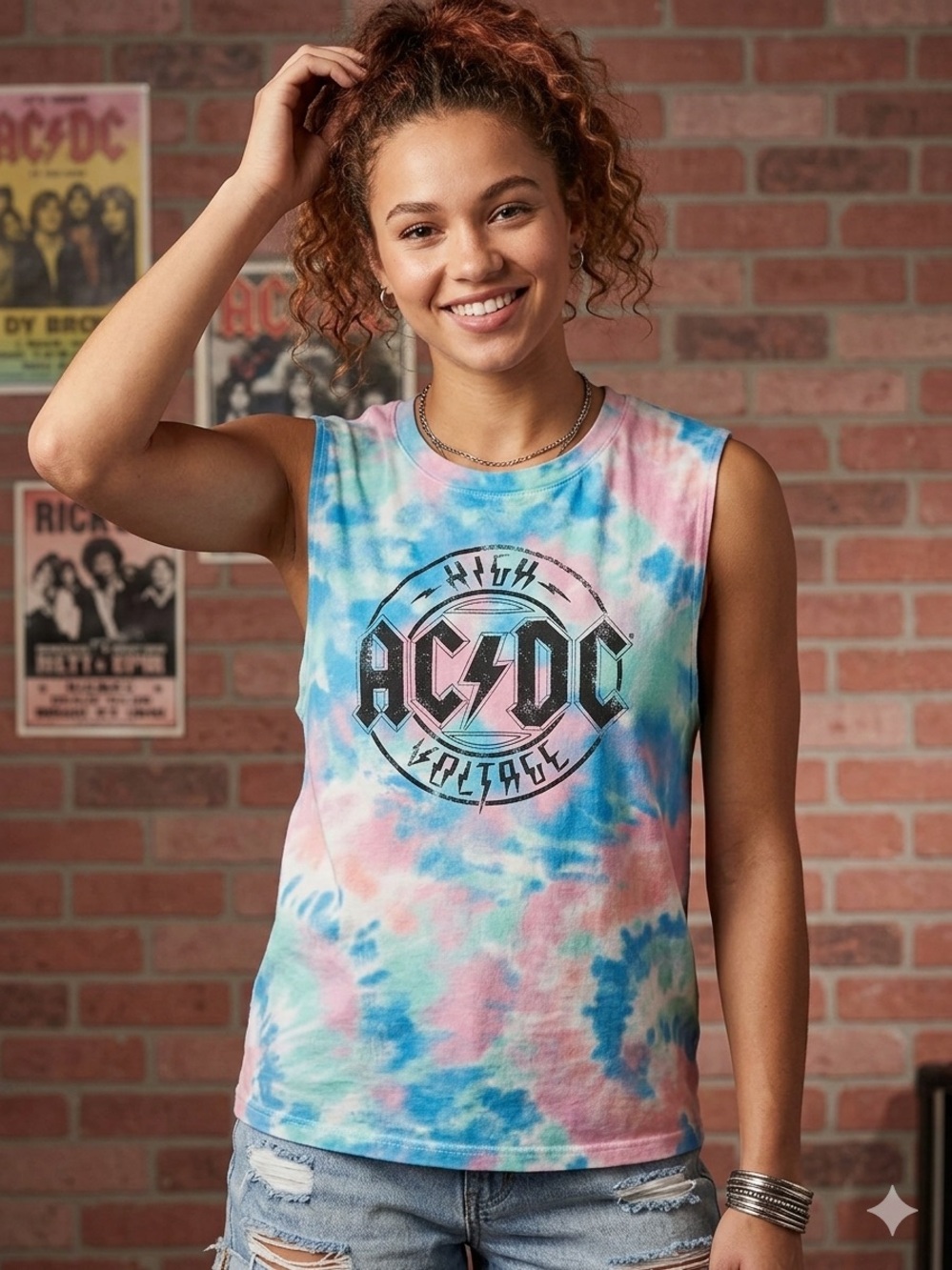 AC/DC Pastel Tie-Dye Muscle Tank Top - Blue, Pink, Aqua
